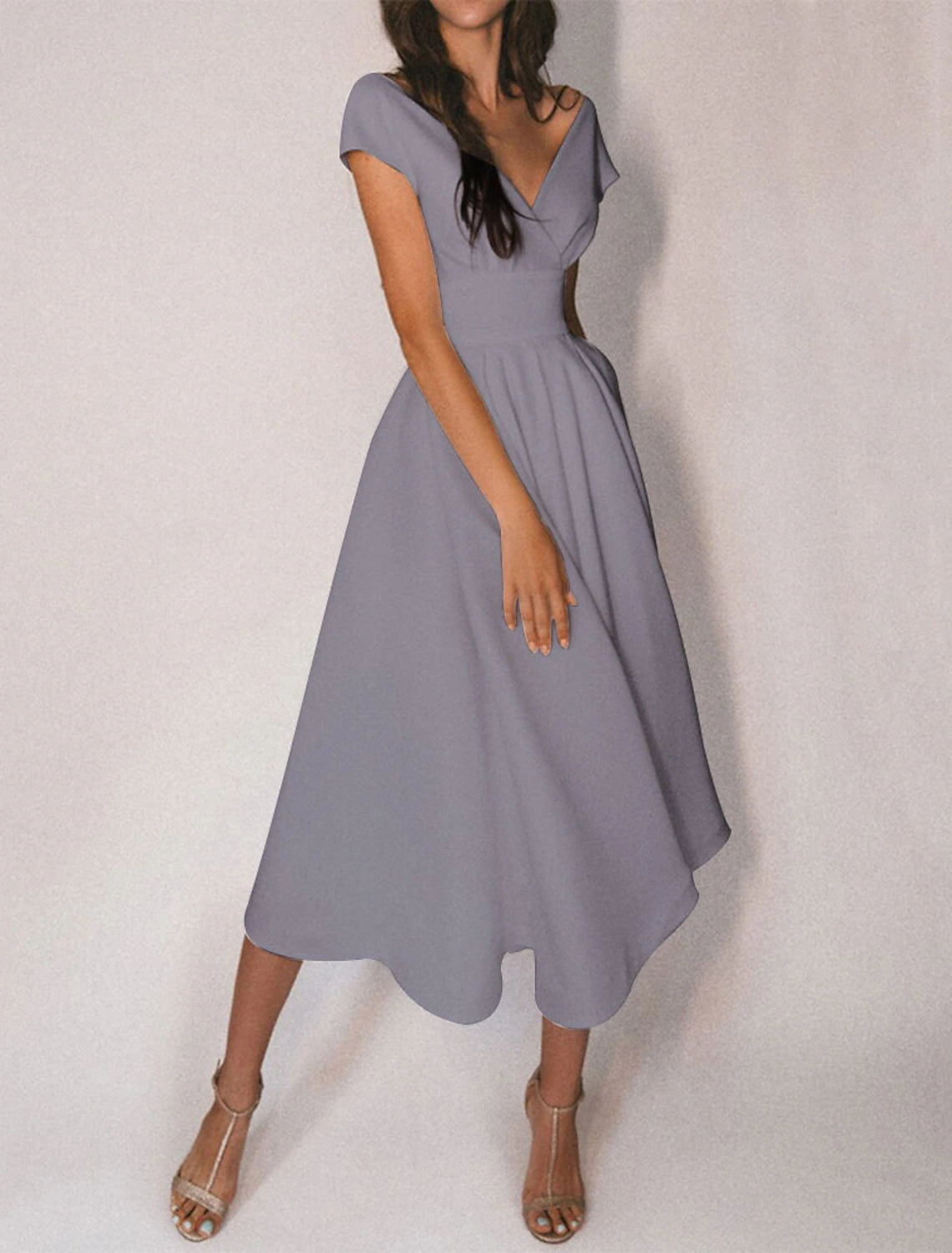 Wholesale A-Line Cocktail Dresses Party Dress Homecoming Wedding Guest Tea Length Short Sleeve Off Shoulder Stretch Fabric with Sleek Pure Color