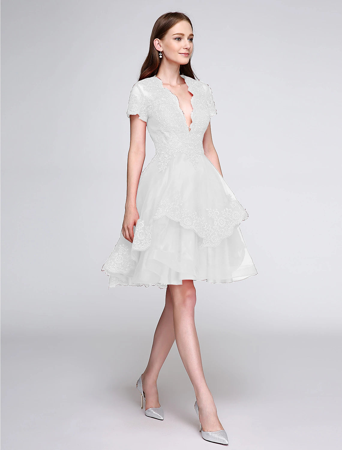 Wholesale  Ball Gown Cute Dress Cocktail Party Prom Knee Length Short Sleeve Plunging Neck Organza with Buttons Appliques