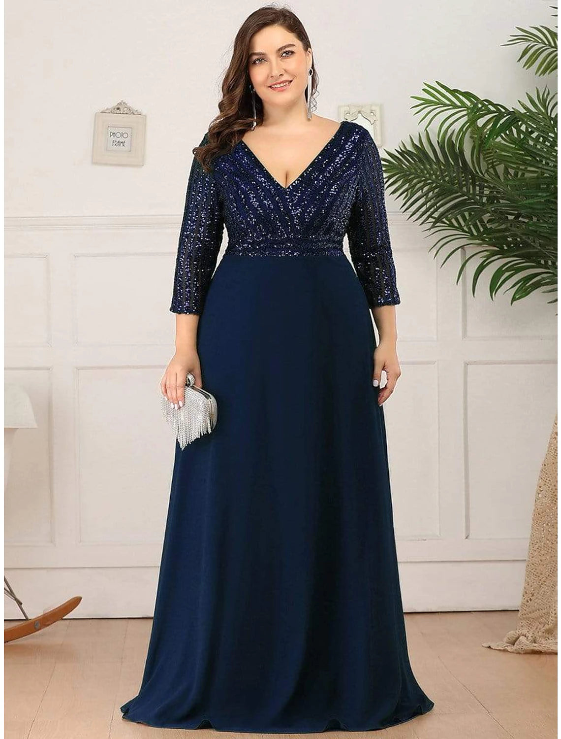 Wholesale  A-Line Evening Gown Plus Size Dress Wedding Guest Black Tie Floor Length 3/4 Length Sleeve V Neck Chiffon V Back with Sequin