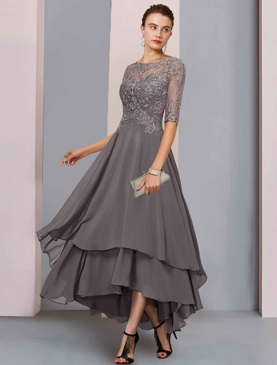 Wholesale  A-Line Mother of the Bride Dress Formal Wedding Guest Elegant Scoop Neck Asymmetrical Tea Length Chiffon Lace 3/4 Length Sleeve with Beading Tier Appliques