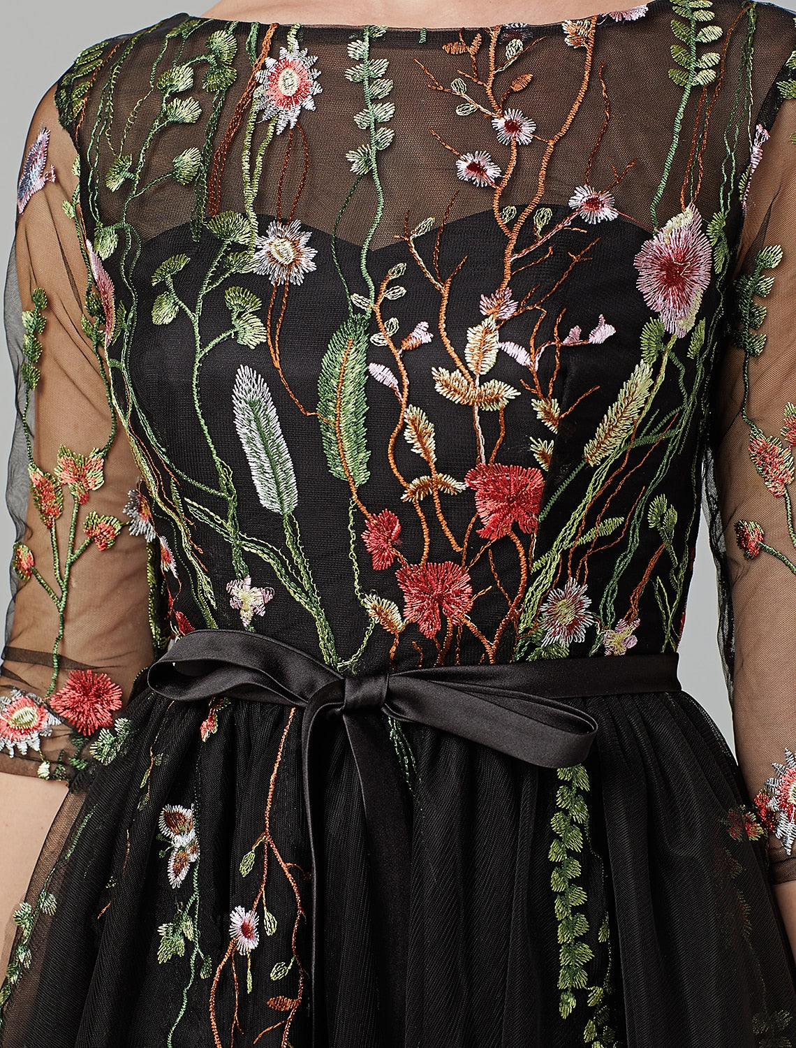 Wholesale  A-Line Vintage Dress Wedding Guest Cocktail Party Knee Length Long Sleeve Illusion Neck Wednesday Addams Family Tulle with Embroidery Appliques