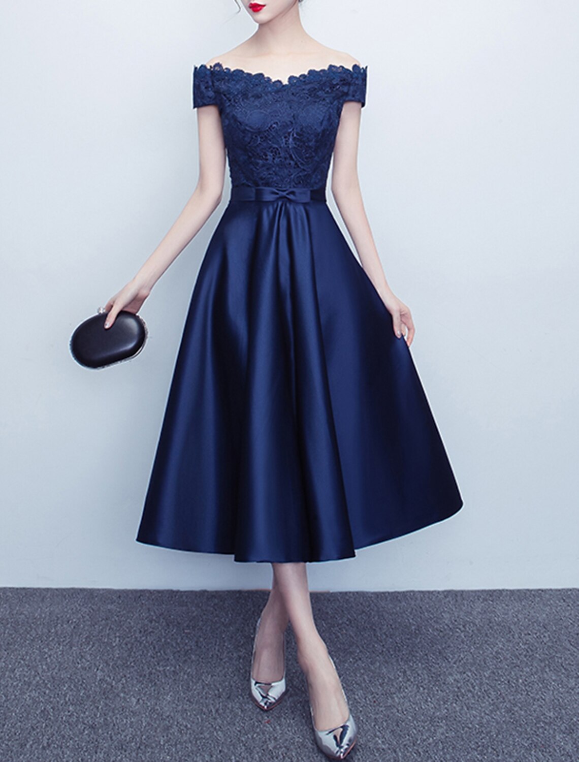 Wholesale A-Line Cocktail Dresses Minimalist Dress Party Wear Wedding Guest Tea Length Short Sleeve Off Shoulder Satin with Sash / Ribbon Bow(s) Pleats