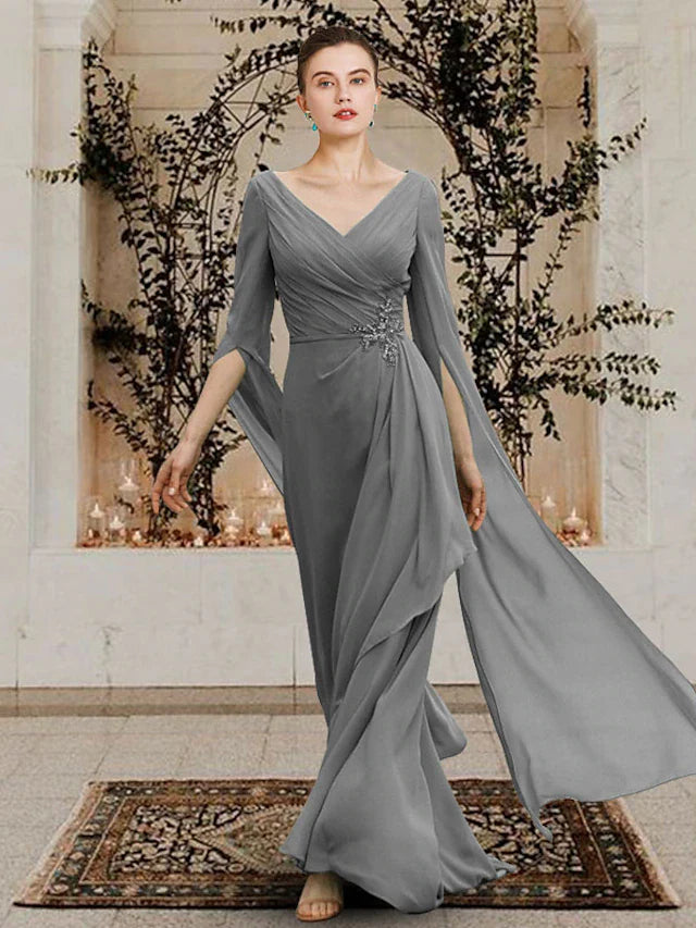 Wholesale Sheath / Column Mother of the Bride Dress Elegant V Neck Floor Length Chiffon Half Sleeve with Beading Side-Draped