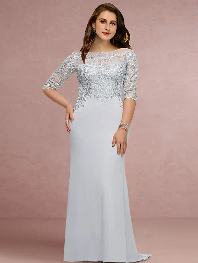 Wholesale Plus Size Curve Mother of the Bride Dress Wedding Guest Vintage Elegant Scoop Neck Sweep / Brush Train Chiffon Lace Half Sleeve with Sequin