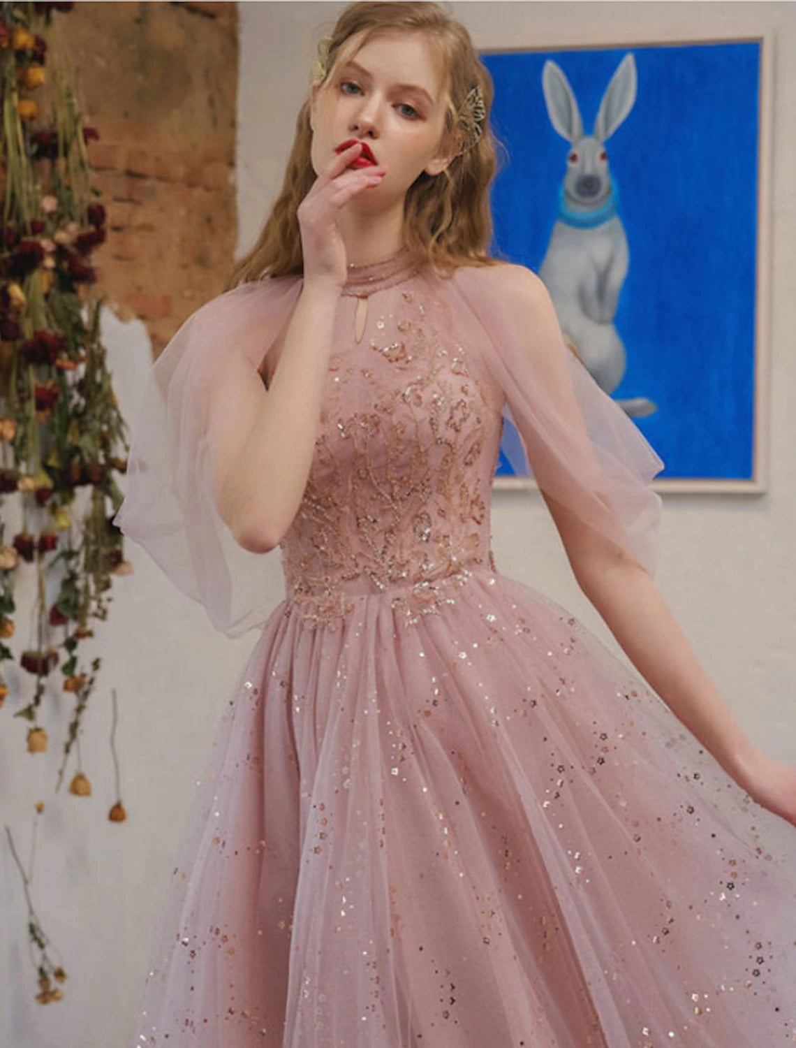 Wholesale A-Line Cocktail Dresses Party Dress Wedding Guest Graduation Knee Length 3/4 Length Sleeve Jewel Neck Tulle with Sequin Appliques