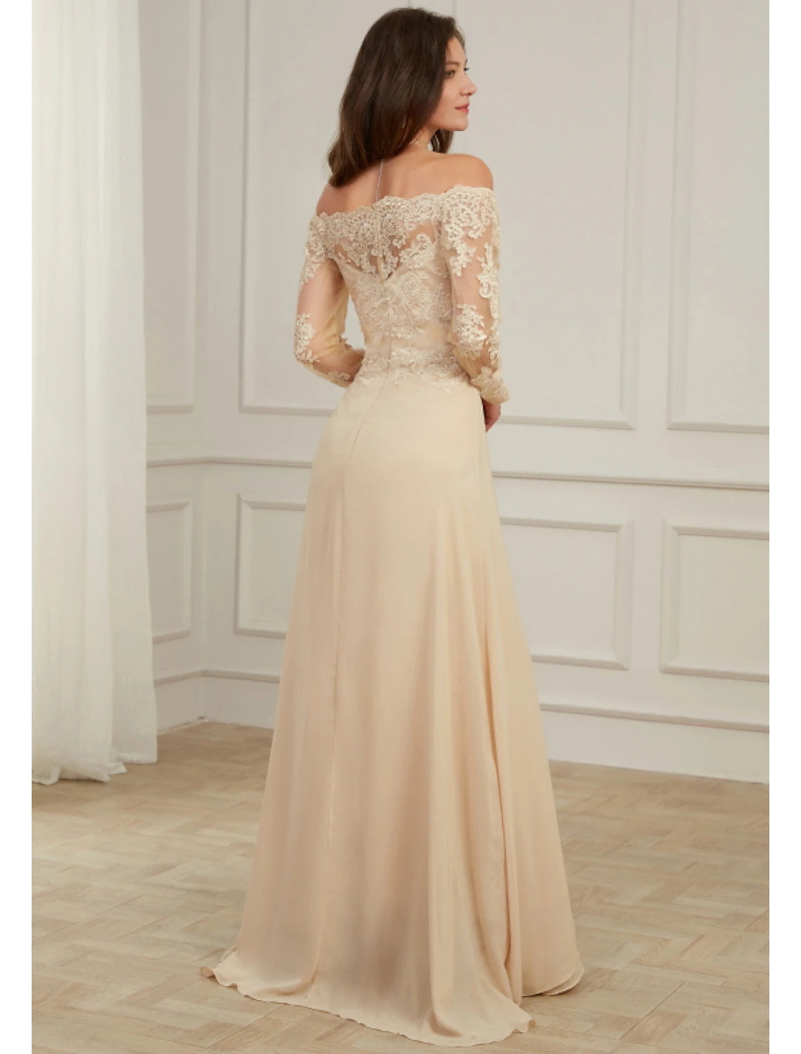Wholesale  A-Line Evening Gown Elegant Dress Wedding Guest Formal Evening Floor Length Long Sleeve Off Shoulder Polyester with Overskirt Appliques