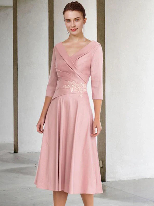 Wholesale A-Line Mother of the Bride Dress Vintage Elegant V Neck Tea Length Satin Lace Half Sleeve with Appliques Side-Draped