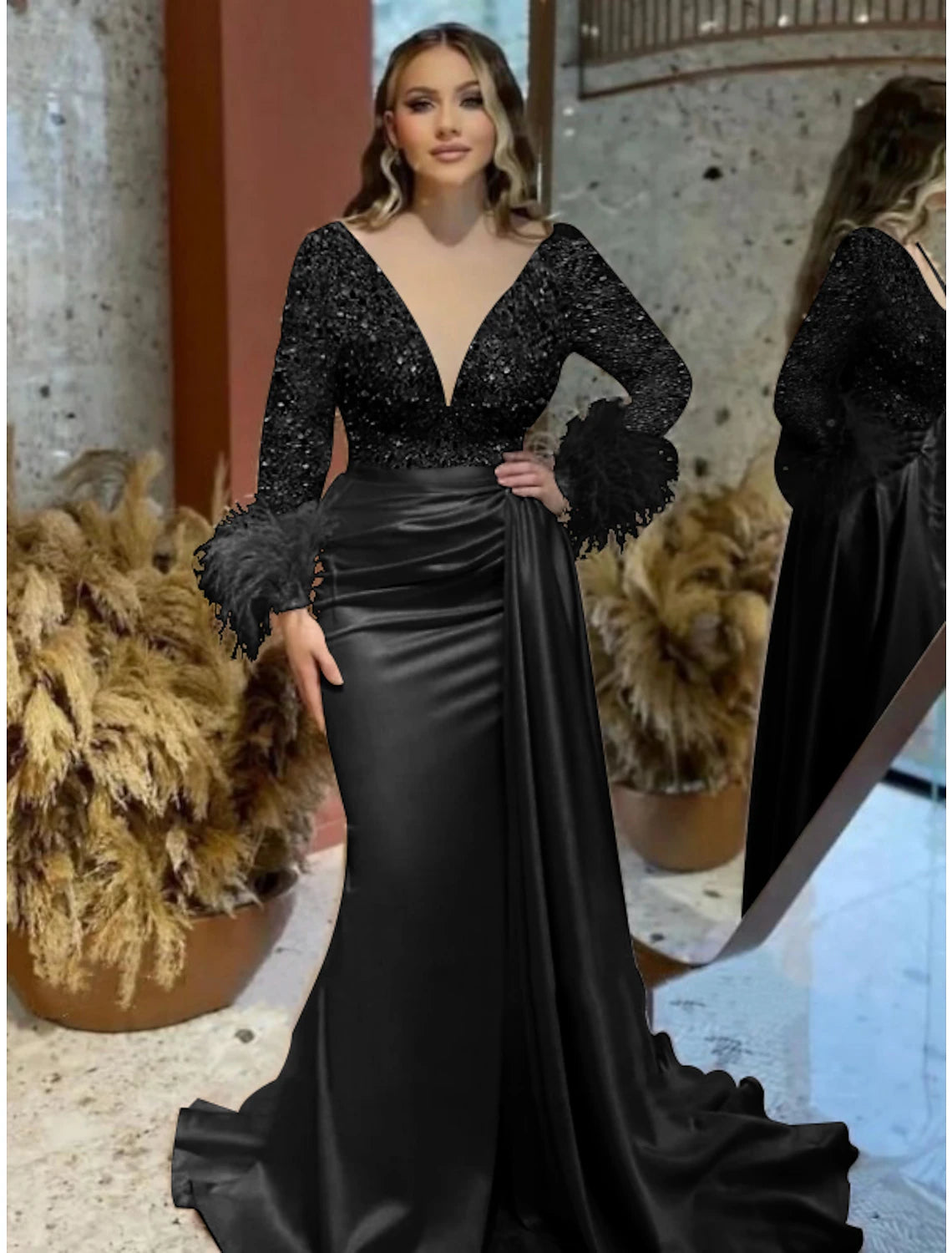 Wholesale Mermaid Plus Size Dress Champagne Satin Evening Gown Sparkle Sequin Dress Walk Through Formal Wedding Court Train Long Sleeve V Neck with Feather Glitter Ruched