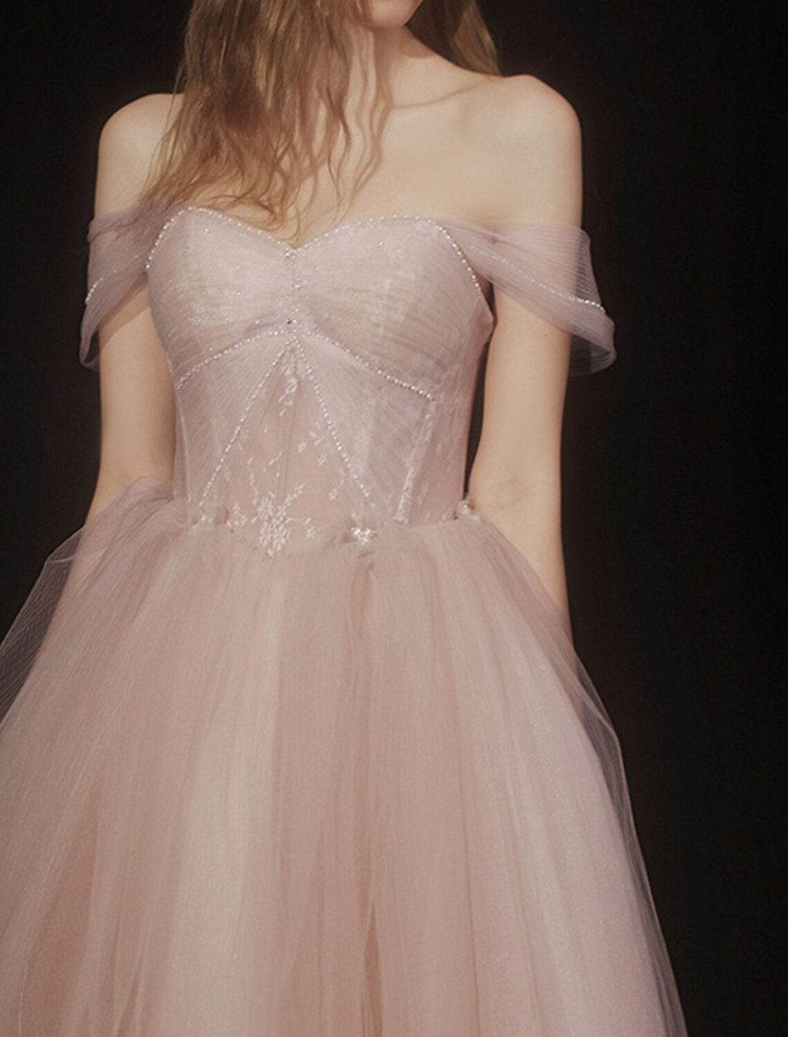 Wholesale A-Line Glittering Elegant Engagement Formal Evening Dress Strapless Short Sleeve Floor Length Tulle with Pleats Beading