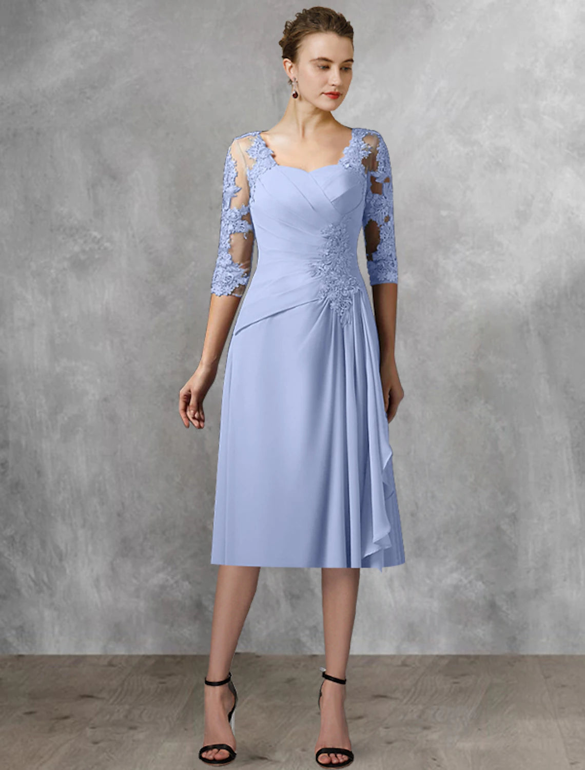 Wholesale  Two Piece A-Line Mother of the Bride Dress Wedding Guest Elegant Square Neck Tea Length Chiffon Lace Half Sleeve Wrap Included with Appliques Side-Draped