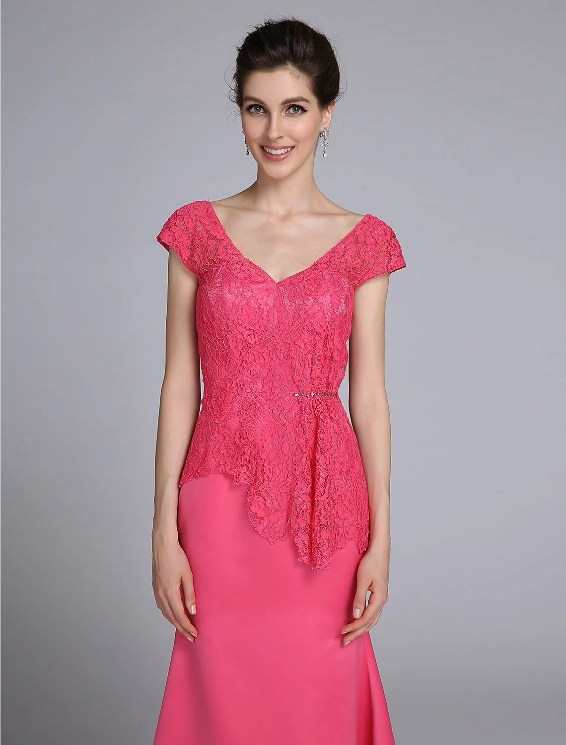 Wholesale Mermaid / Trumpet Mother of the Bride Dress Elegant V Neck Sweep / Brush Train Satin Lace Short Sleeve No with Lace