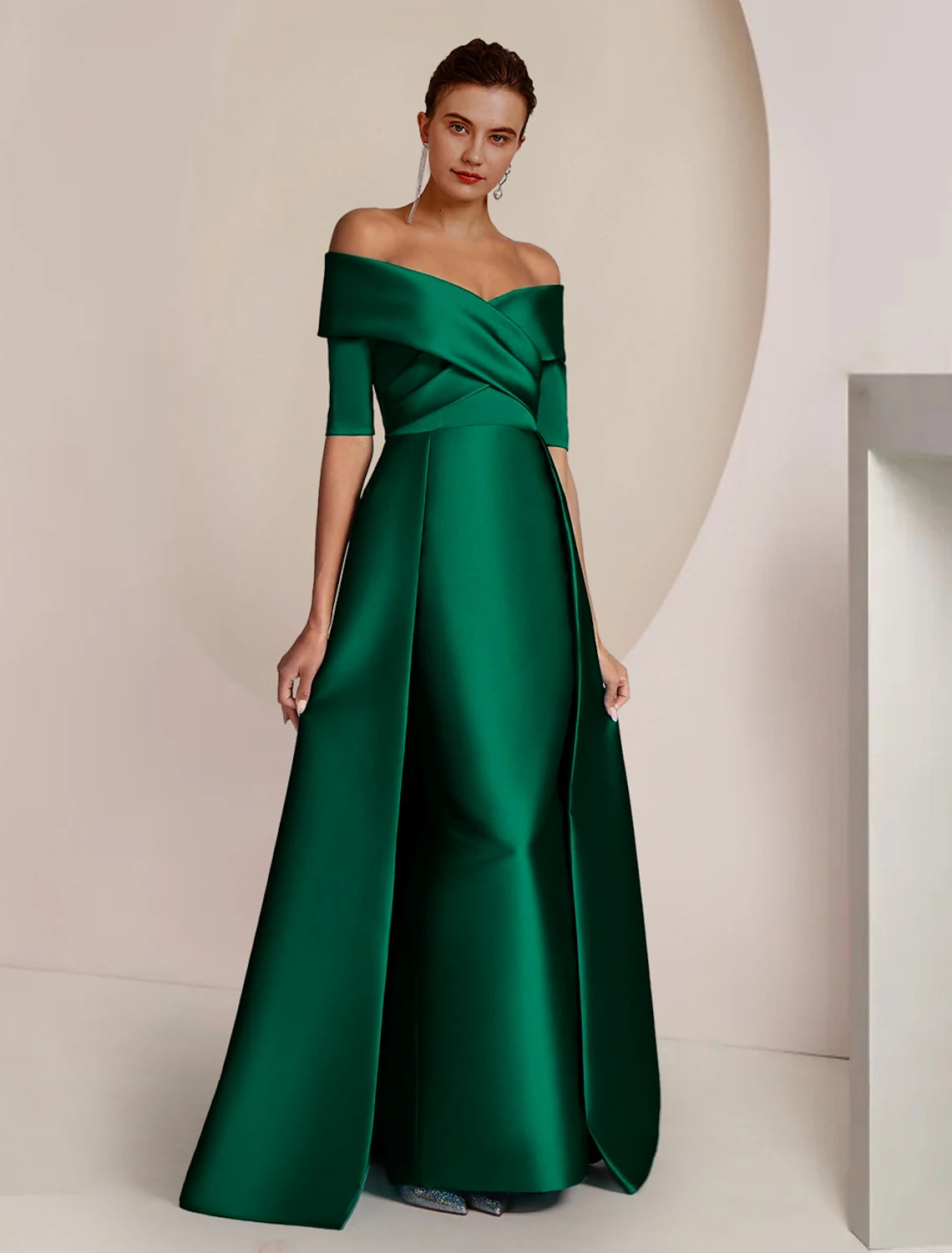 Wholesale Sheath / Column Mother of the Bride Dress Formal Wedding Guest Party Elegant Off Shoulder Floor Length Satin Half Sleeve with Ruching