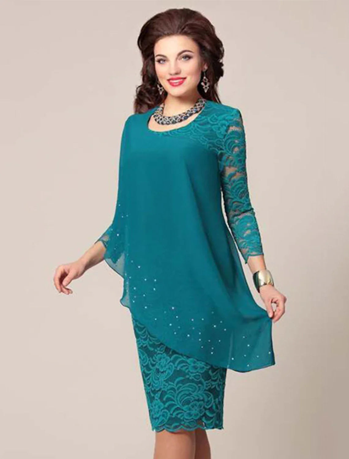 Wholesale Sheath / Column Mother of the Bride Dress Simple Elegant Jewel Neck Knee Length Chiffon 3/4 Length Sleeve with Lace Solid Color