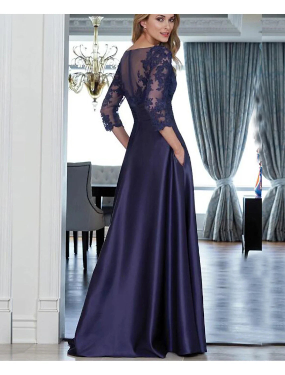 Wholesale A-Line Sheath / Column Mother of the Bride Dress Simple Elegant Jewel Neck Floor Length Italy Satin Long Sleeve No with Ruched Appliques