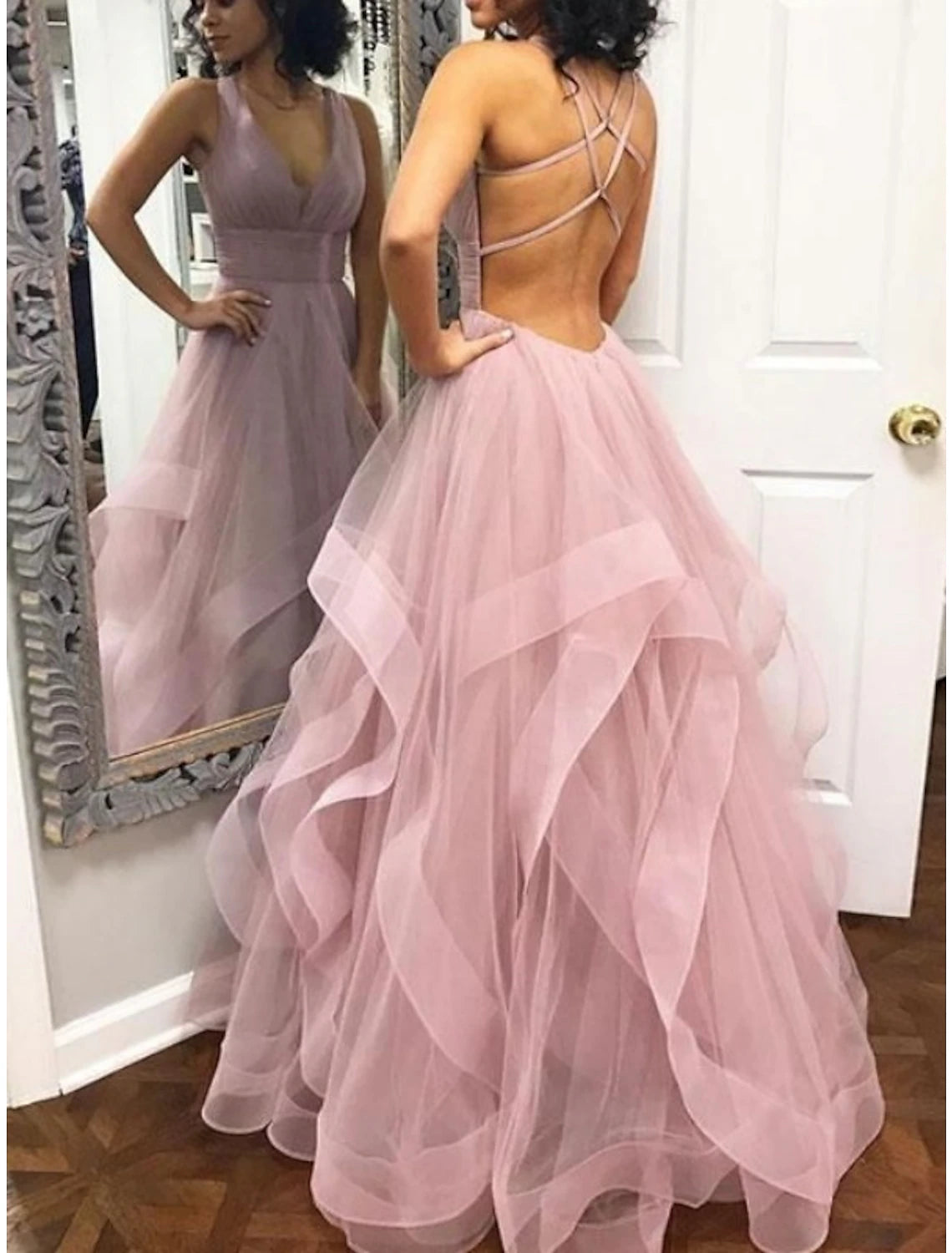 Wholesale Ball Gown Prom Dresses Tiered Plisse Dress Wedding Guest Quinceanera Floor Length Sleeveless V Neck Organza Backless with Criss Cross Ruffles
