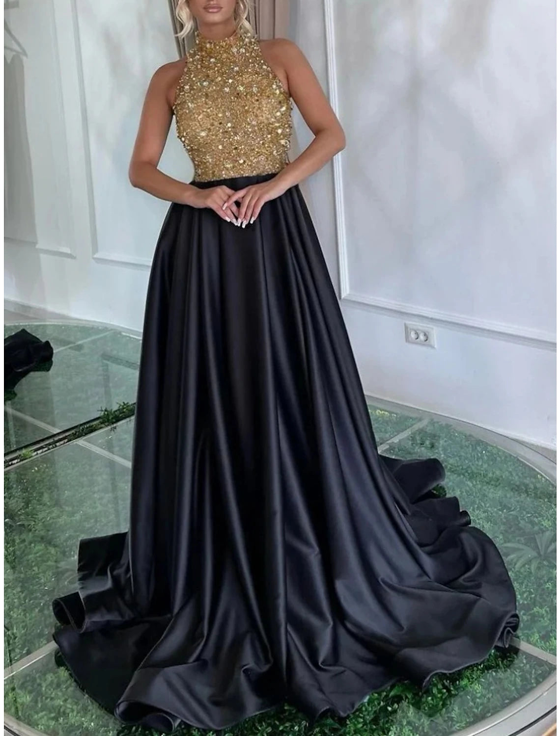 Wholesale A-Line Evening Gown Elegant Dress Formal Sweep / Brush Train Black Dress Sleeveless Jewel Neck Satin with Pleats Sequin