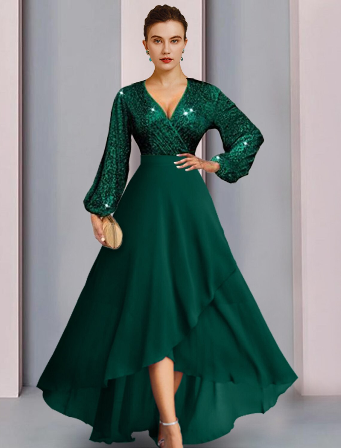 Wholesale  Sheath / Column Mother of the Bride Dress Wedding Guest Elegant Sparkle & Shine V Neck Asymmetrical Chiffon Sequined Long Sleeve with Pleats Solid