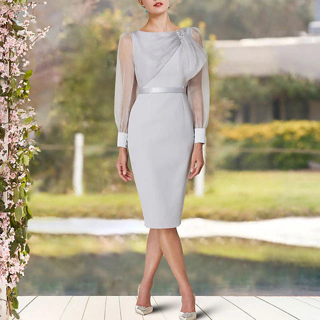 Wholesale Sheath / Column Mother of the Bride Dress Elegant Jewel Neck Knee Length Organza Stretch Chiffon Long Sleeve with Beading