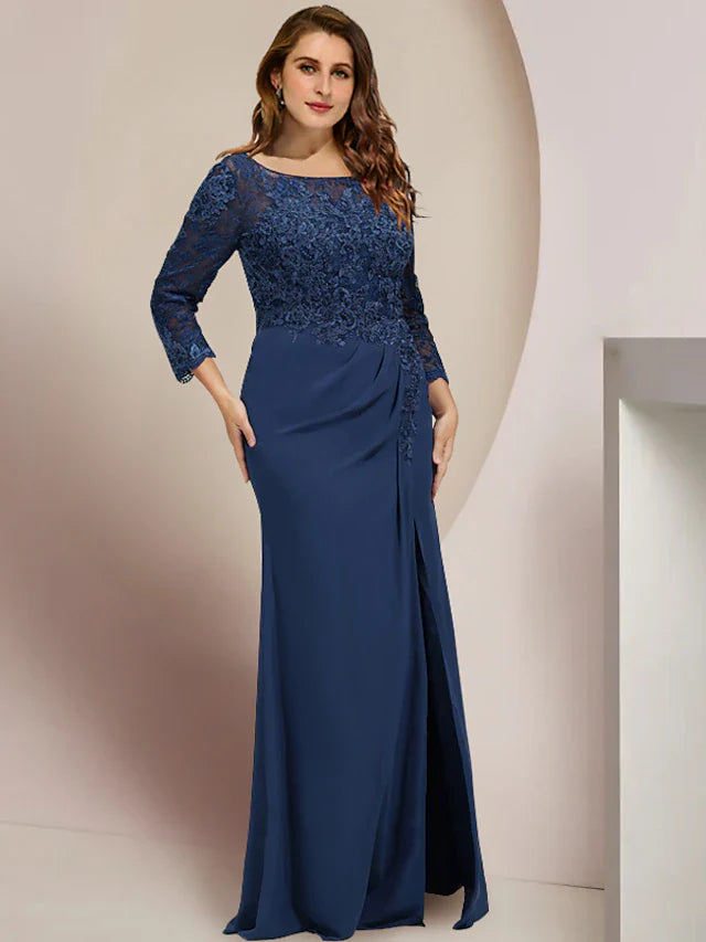 Wholesale Plus Size Curve Mother of the Bride Dress Wedding Guest Party Elegant Scoop Neck Floor Length Chiffon Lace Long Sleeve with Split Front Ruching