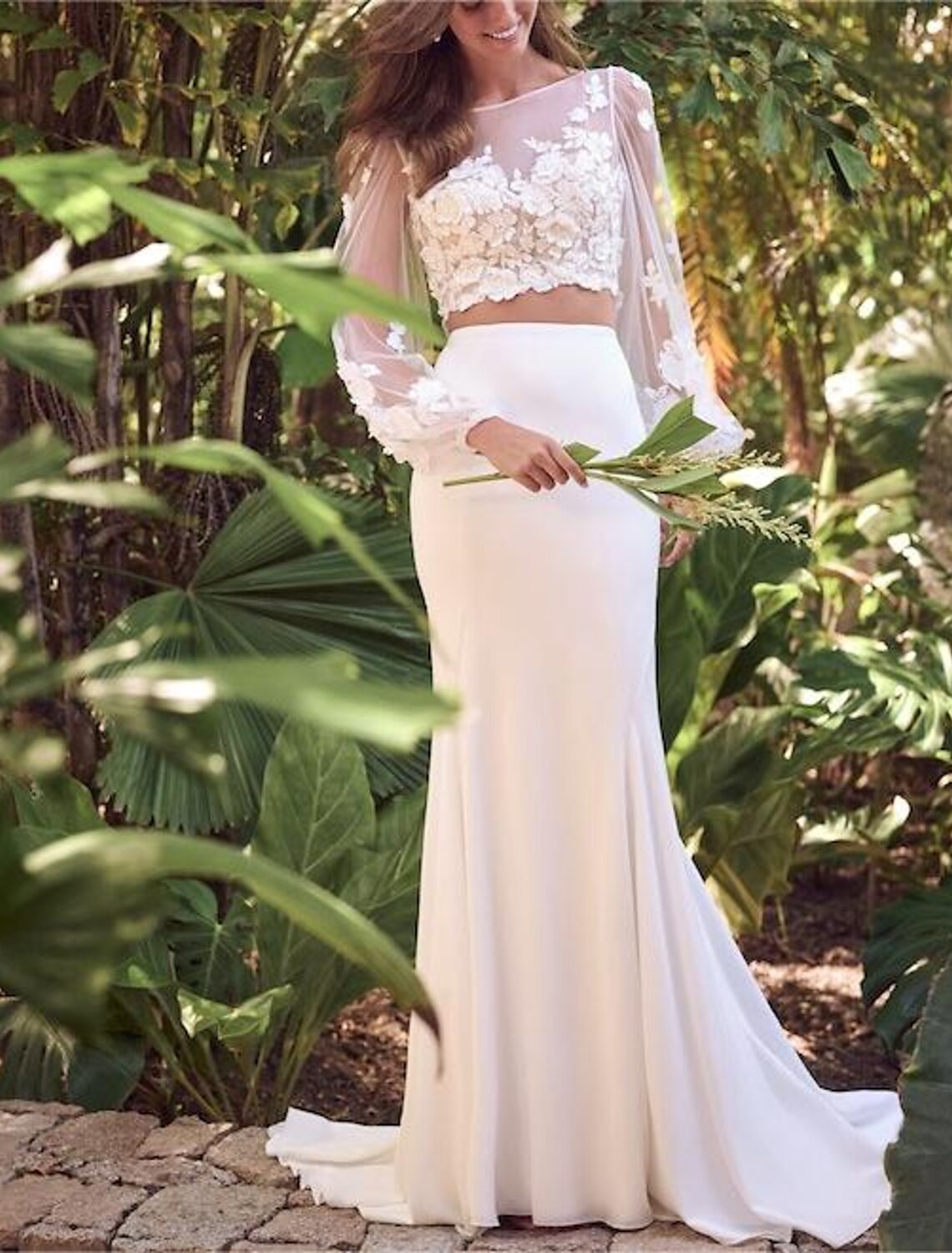 Wholesale Beach Boho Wedding Dresses Two Piece Scoop Neck Separates Long Sleeve Sweep / Brush Train Chiffon Bridal Suits Bridal Gowns With Embroidery Appliques