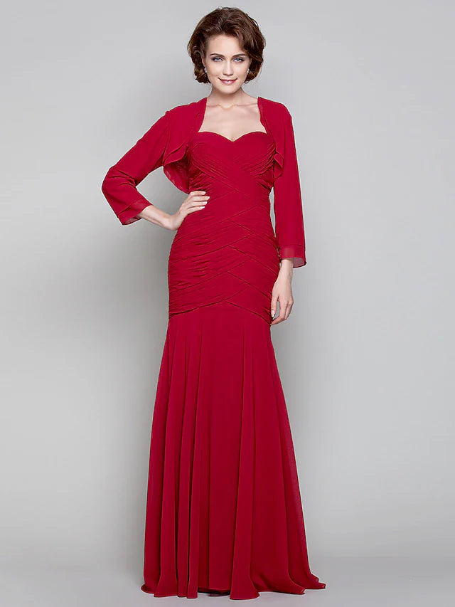 Wholesale Mermaid / Trumpet Mother of the Bride Dress Two Piece Sweetheart Floor Length Chiffon Long Sleeve with Criss Cross