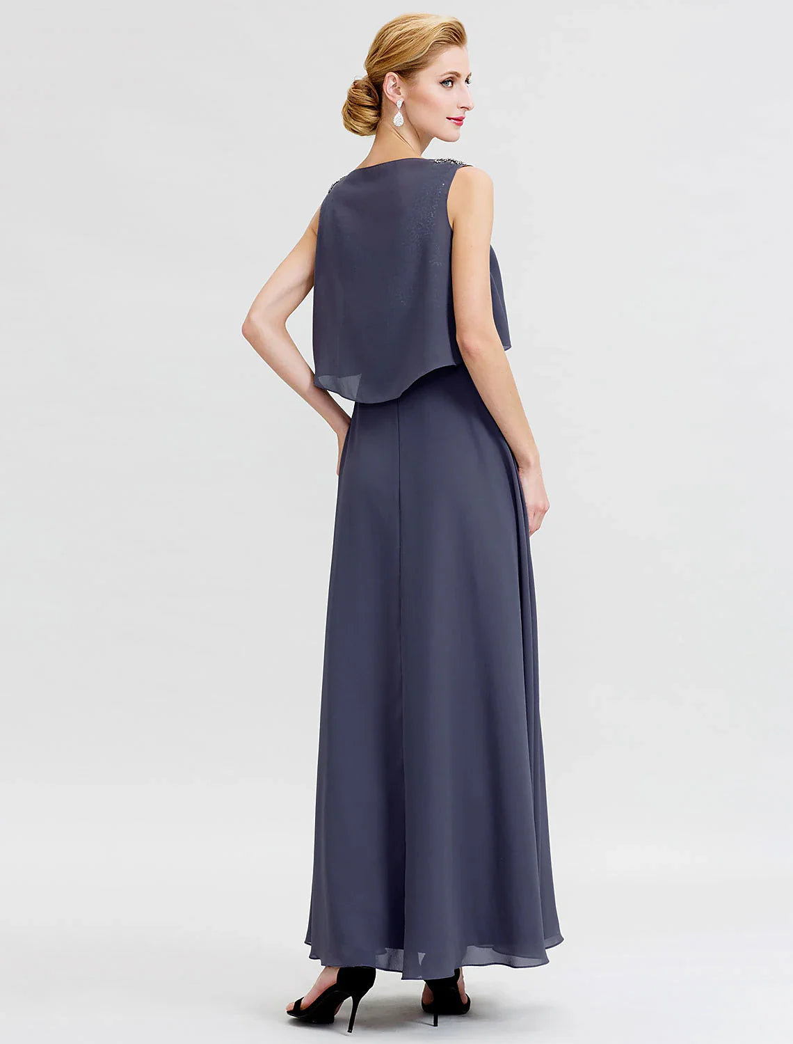 Wholesale A-Line Mother of the Bride Dress Formal Open Back Two Piece Jewel Neck Ankle Length Chiffon Sequined Sleeveless with Sashes / Ribbons Beading