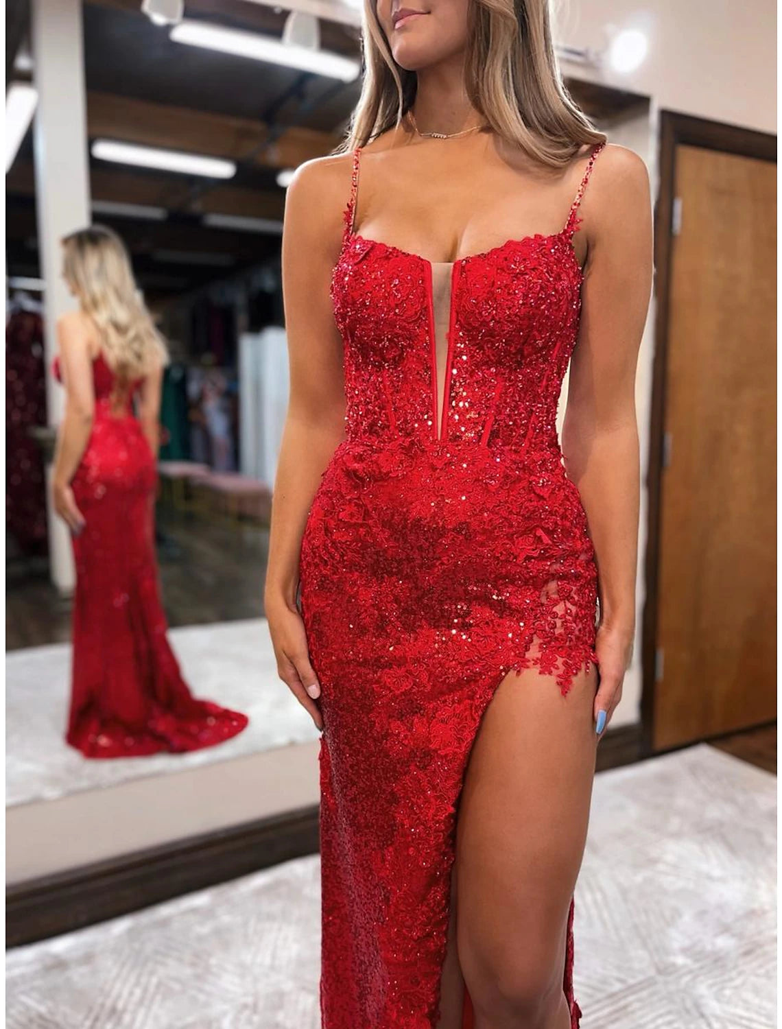 Wholesale  Mermaid / Trumpet Prom Dresses Sparkle & Shine Dress Formal Wedding Party Sweep / Brush Train Sleeveless Spaghetti Strap Sequined Backless with Beading Sequin Slit