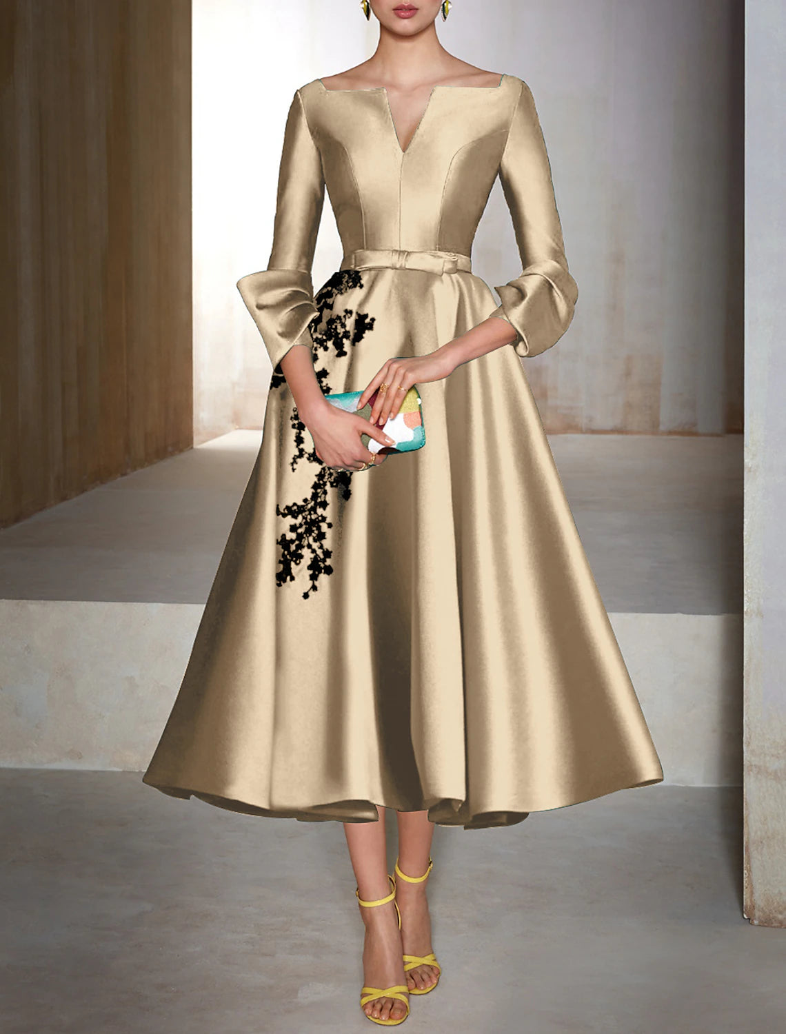 Wholesale A-Line Cocktail Dresses Christmas Red Green Dress Wedding Guest Tea Length 3/4 Length Sleeve V Neck Satin with Bow(s) Appliques