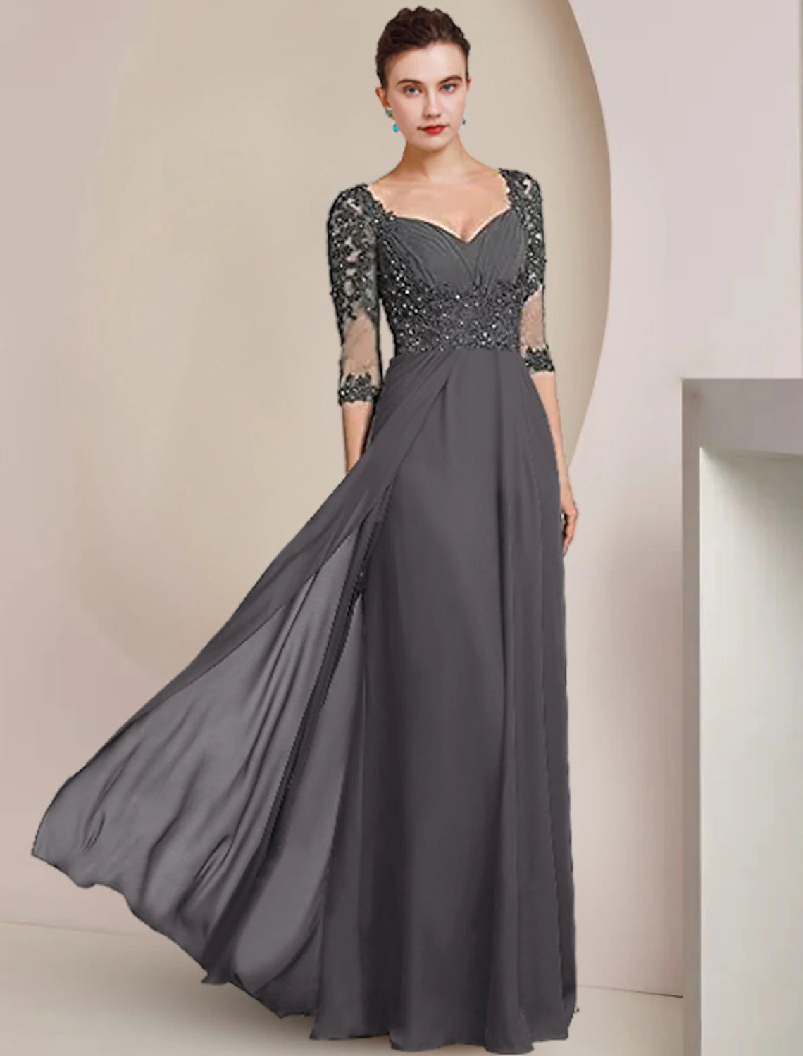 Wholesale  Sheath / Column Mother of the Bride Dress Formal Wedding Guest Elegant Square Neck Floor Length Chiffon Lace 3/4 Length Sleeve with Sequin Appliques Ruching