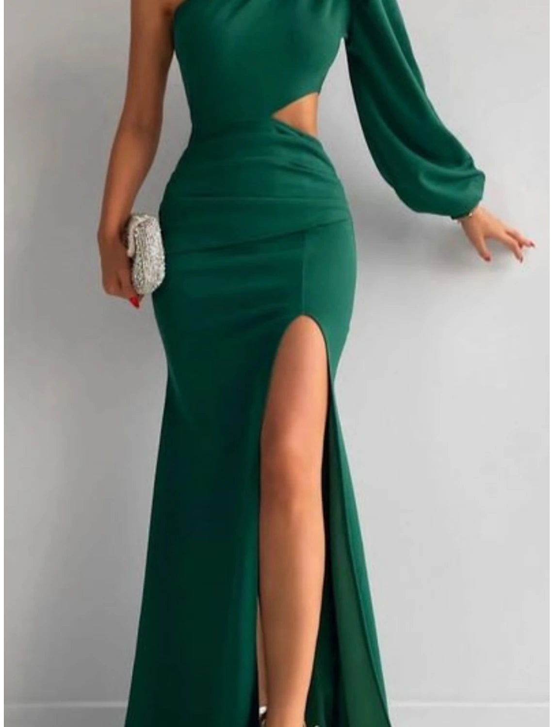 Wholesale A-Line Evening Gown Elegant Dress Formal Sweep / Brush Train Christmas Red Green Dress Long Sleeve One Shoulder Stretch Fabric with Pleats Ruched Slit