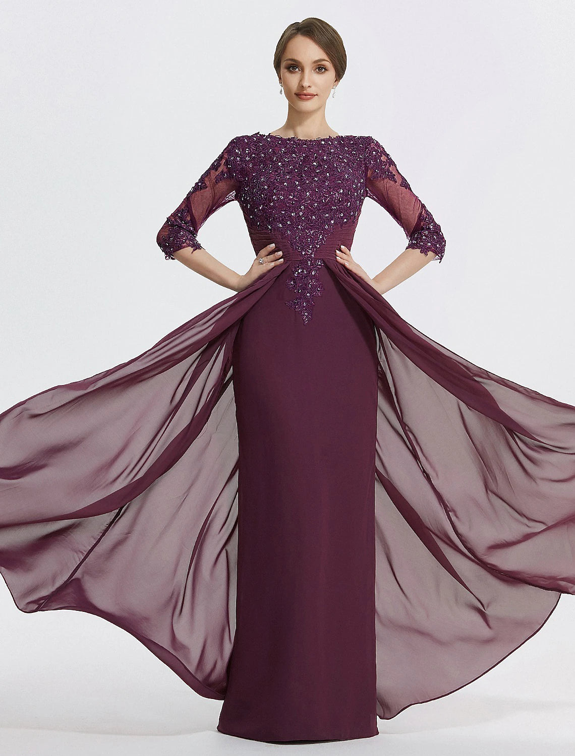 Wholesale A-Line Mother of the Bride Dress Formal Wedding Guest Elegant Jewel Neck Floor Length Chiffon Lace 3/4 Length Sleeve with Lace Solid Color