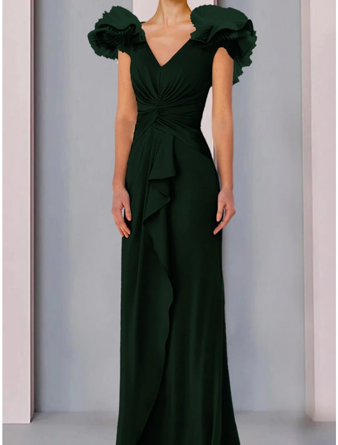 Wholesale A-Line Mother of the Bride Dress Wedding Guest Elegant V Neck Floor Length Stretch Fabric Short Sleeve with Ruffles Ruching Solid Color
