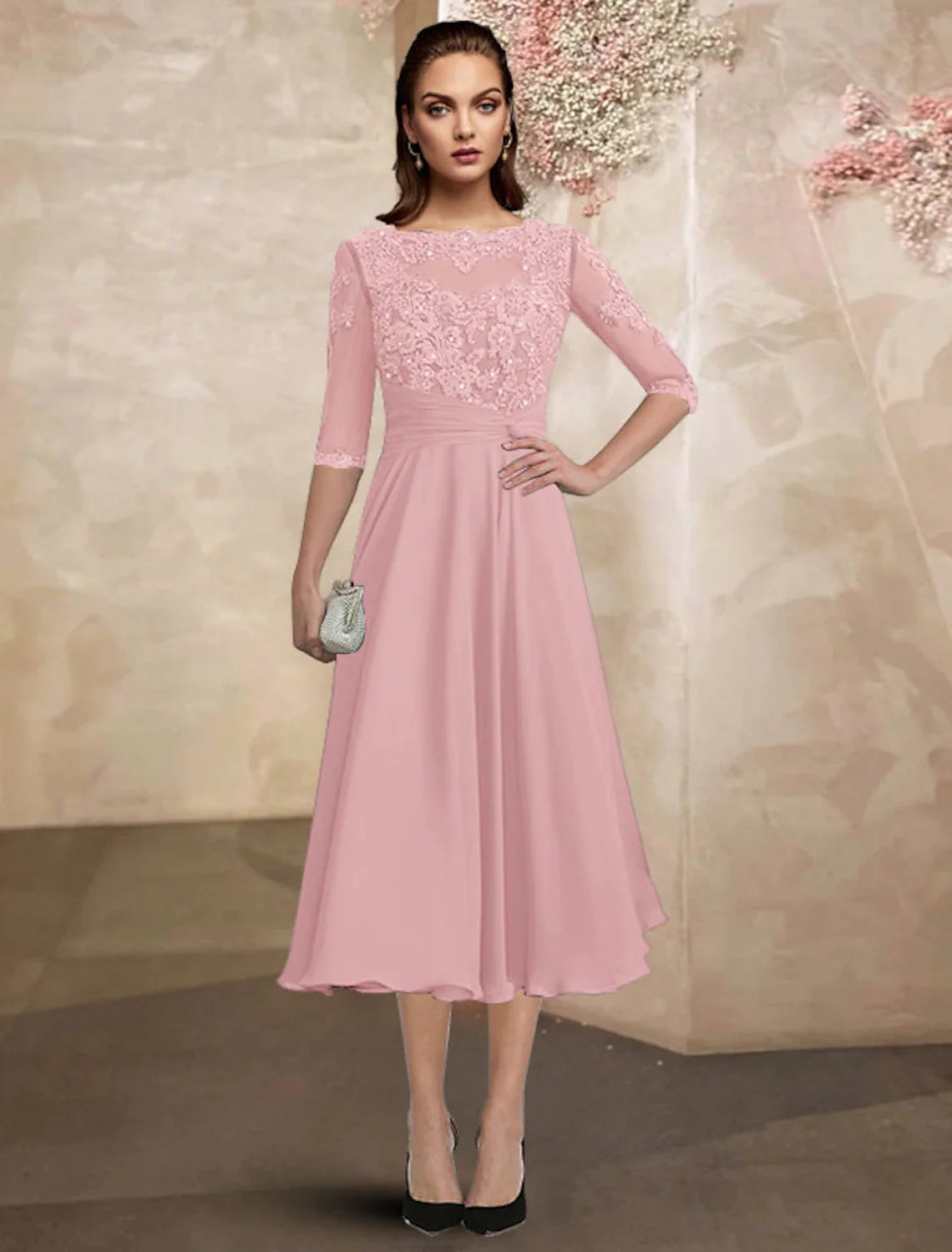Wholesale A-Line Mother of the Bride Dress Wedding Guest Plus Size Elegant Jewel Neck Tea Length Chiffon Lace Half Sleeve with Ruched Beading Appliques Fall