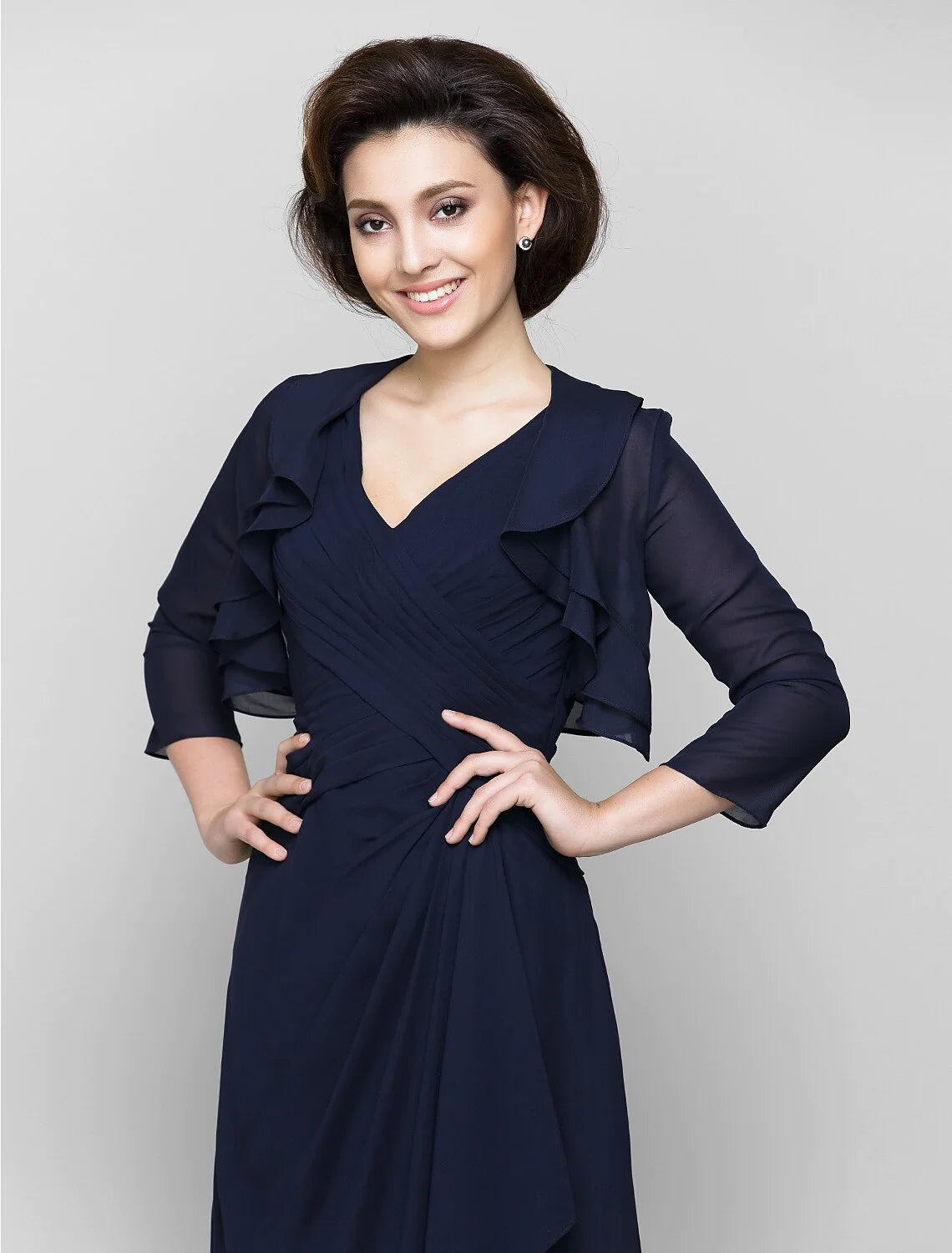 Wholesale Sheath / Column Mother of the Bride Dress Convertible Dress V Neck Floor Length Chiffon 3/4 Length Sleeve with Criss Cross Cascading Ruffles