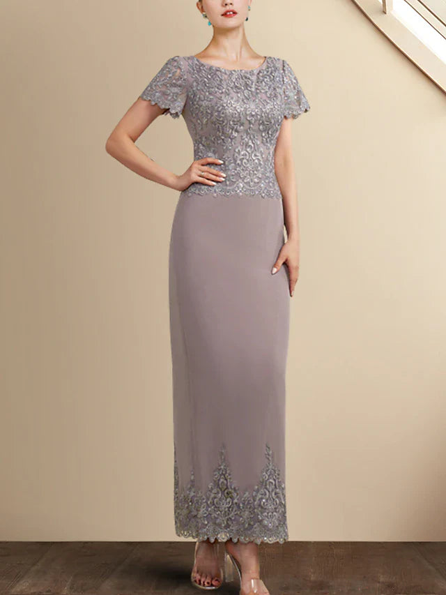 Wholesale Sheath / Column Mother of the Bride Dress Elegant Jewel Neck Ankle Length Chiffon Lace Short Sleeve with Appliques