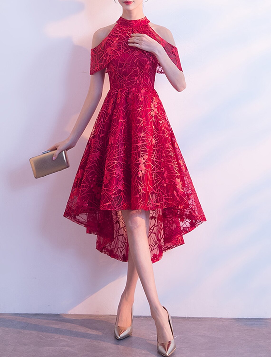 Wholesale A-Line Cocktail Dresses Minimalist Dress Wedding Guest Party Wear Asymmetrical Short Sleeve Jewel Neck Tulle with Pleats Pattern / Print