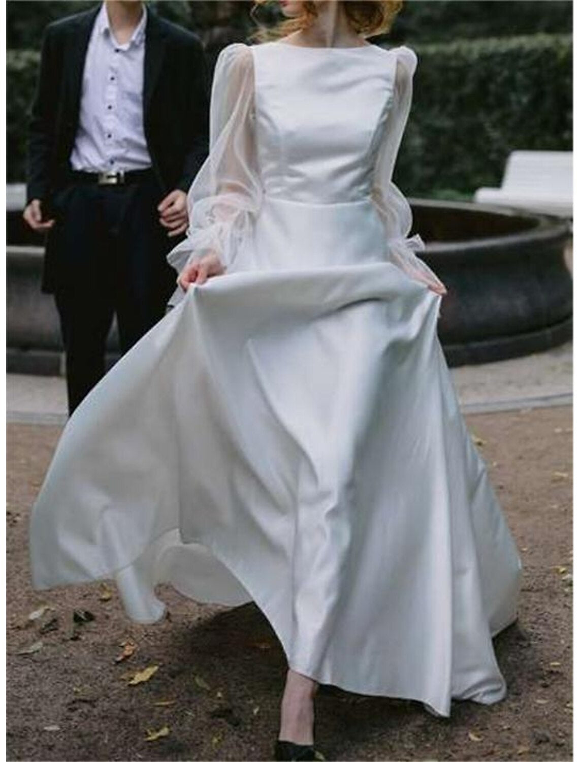 Wholesale Beach Little White Dresses Wedding Dresses A-Line Boat Neck Long Sleeve Floor Length Satin Bridal Gowns With Pleats Solid Color