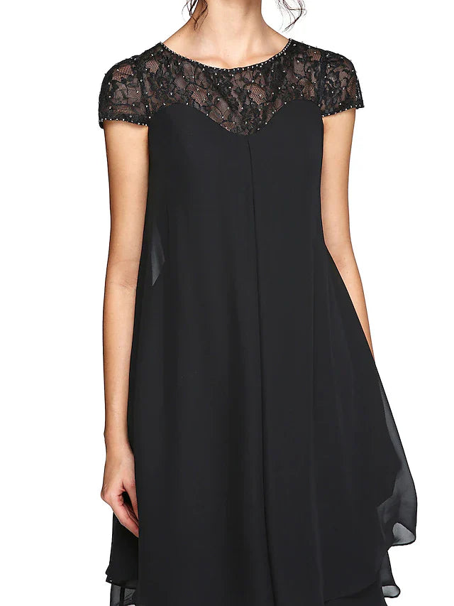 Wholesale A-Line Mother of the Bride Dress Plus Size Elegant Illusion Neck Knee Length Chiffon Lace Short Sleeve with Sequin