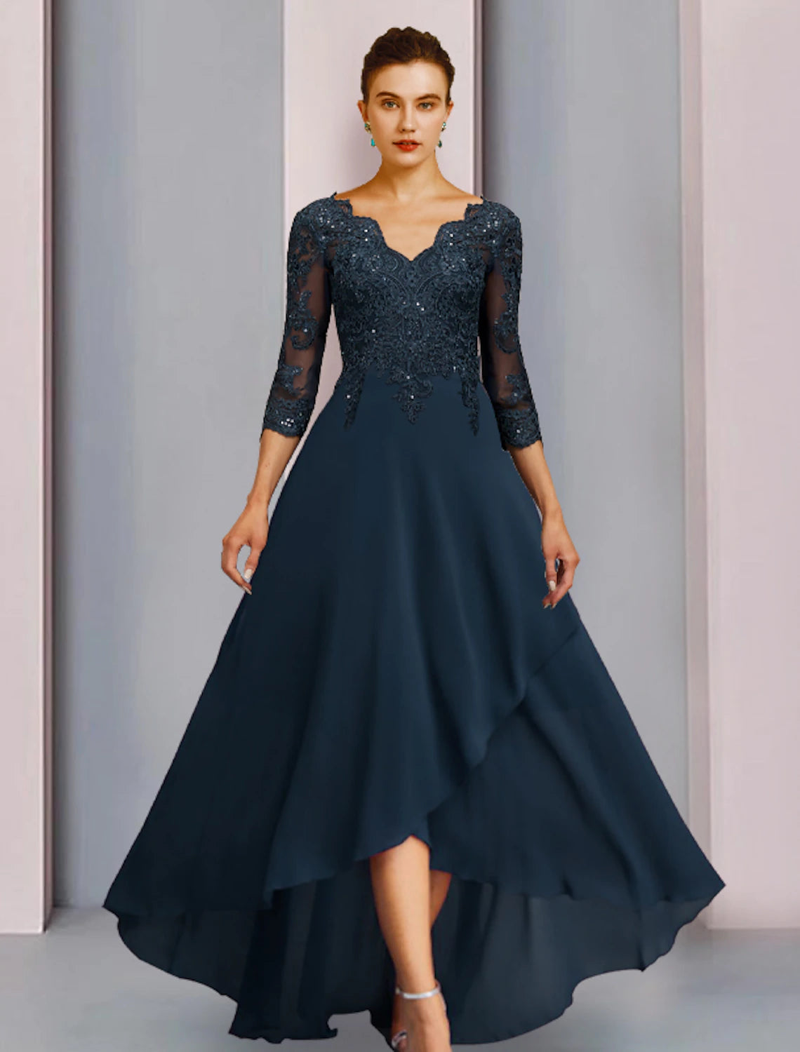 Wholesale  Sheath / Column Mother of the Bride Dress Wedding Guest Vintage Sparkle & Shine V Neck Asymmetrical Chiffon Lace 3/4 Length Sleeve with Pleats Sequin