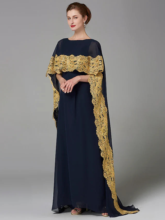 Wholesale A-Line Mother of the Bride Dress Plus Size Elegant Bateau Neck Sweep / Brush Train Chiffon Sleeveless with Lace