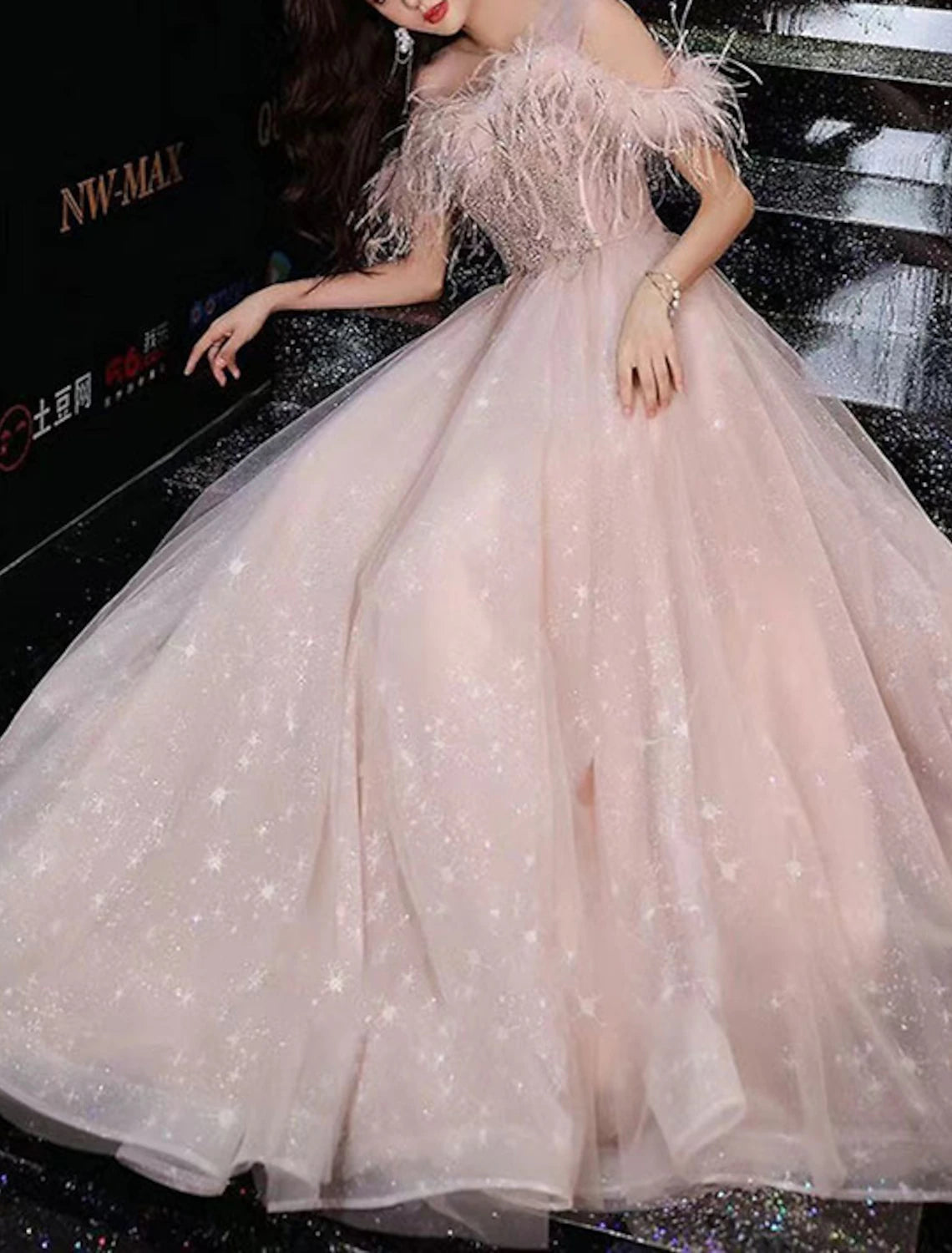 Wholesale A-Line Party Dresses Glittering Dress Prom Wedding Party Floor Length Sleeveless Jewel Neck Tulle with Feather Glitter