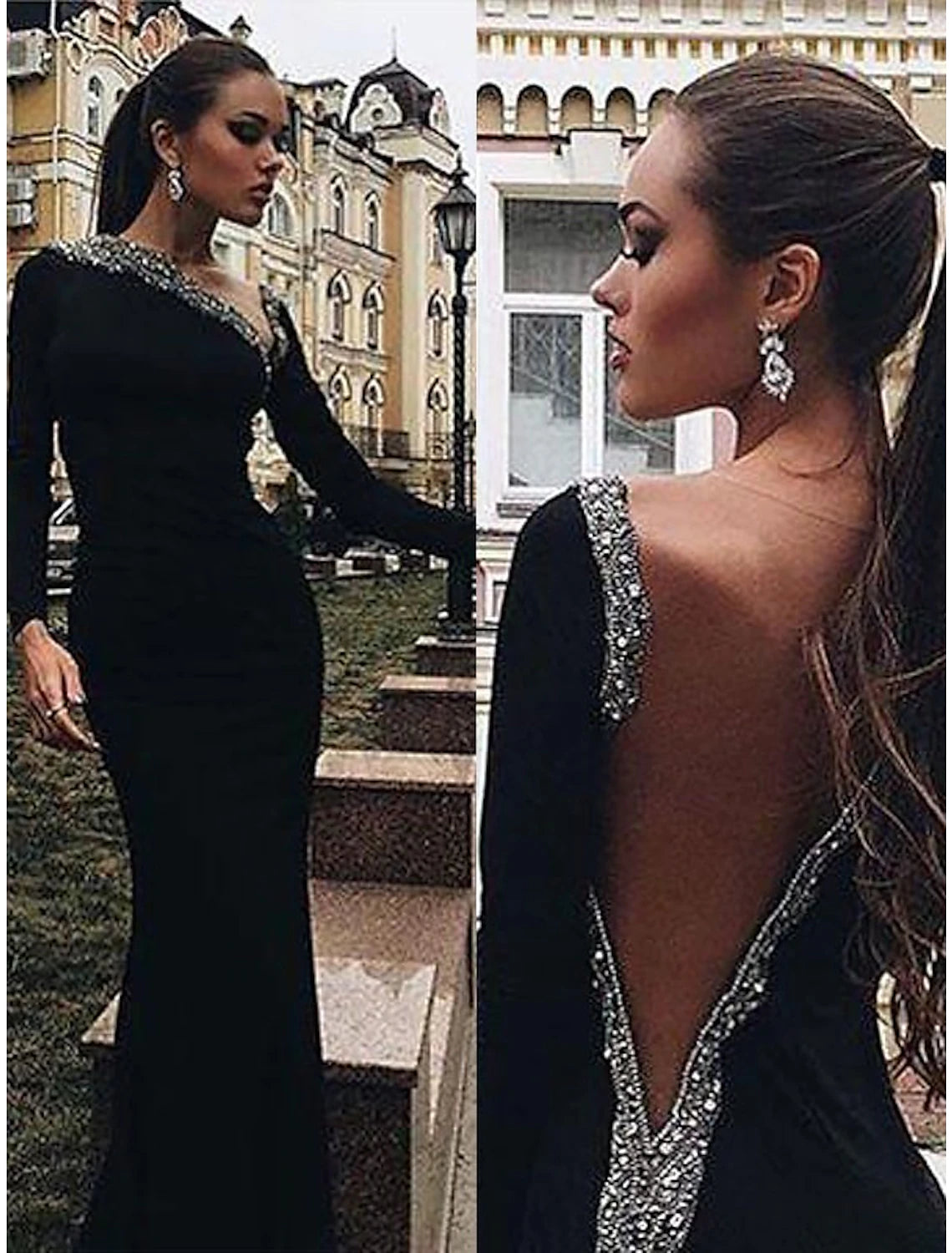 Wholesale Mermaid / Trumpet Evening Gown Open Back Dress Engagement Cocktail Party Floor Length Long Sleeve V Neck Stretch Fabric with Crystals Beading