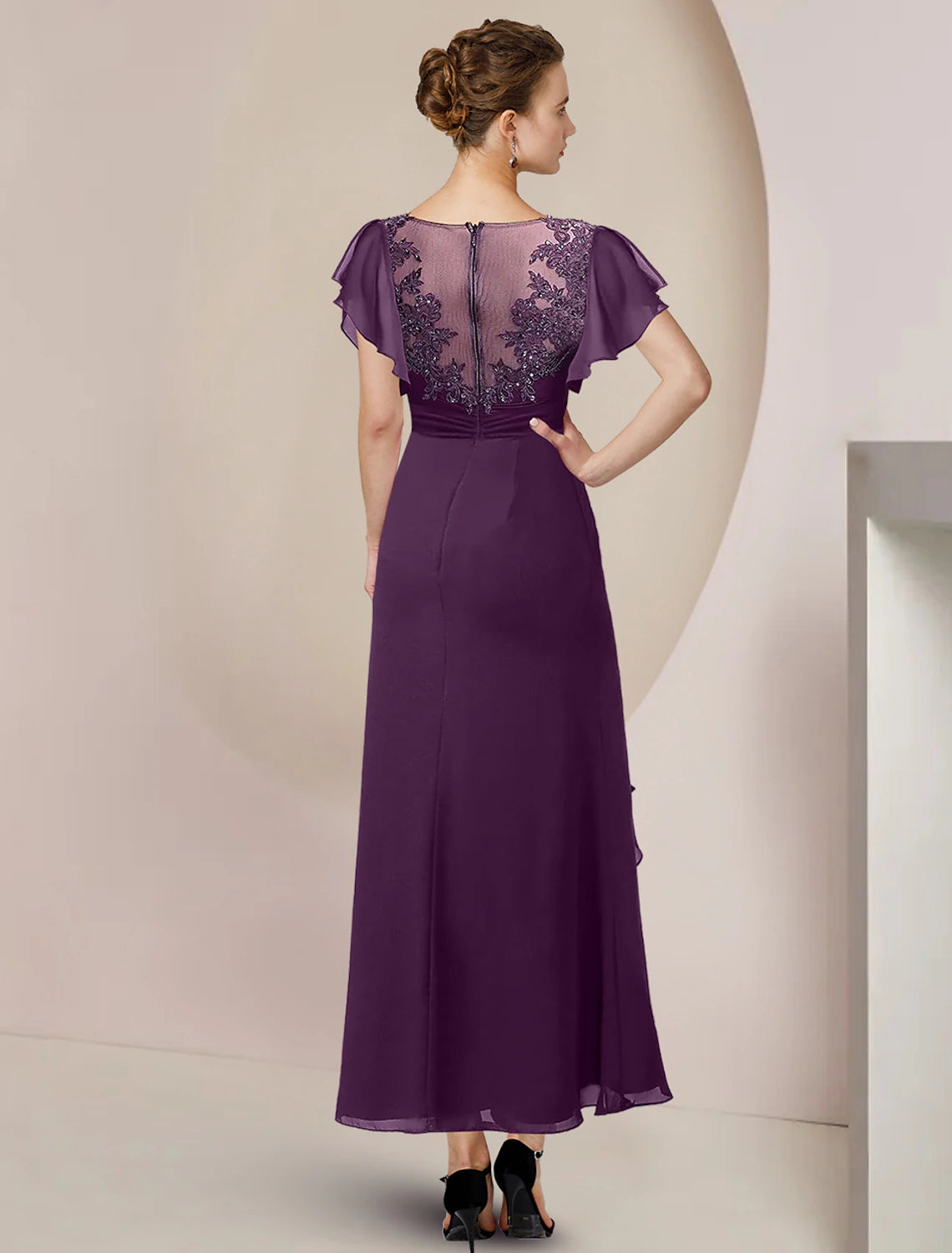 Wholesale  A-Line Mother of the Bride Dress Formal Wedding Guest Elegant Scoop Neck Tea Length Chiffon Lace 3/4 Length Sleeve with Beading Sequin Appliques