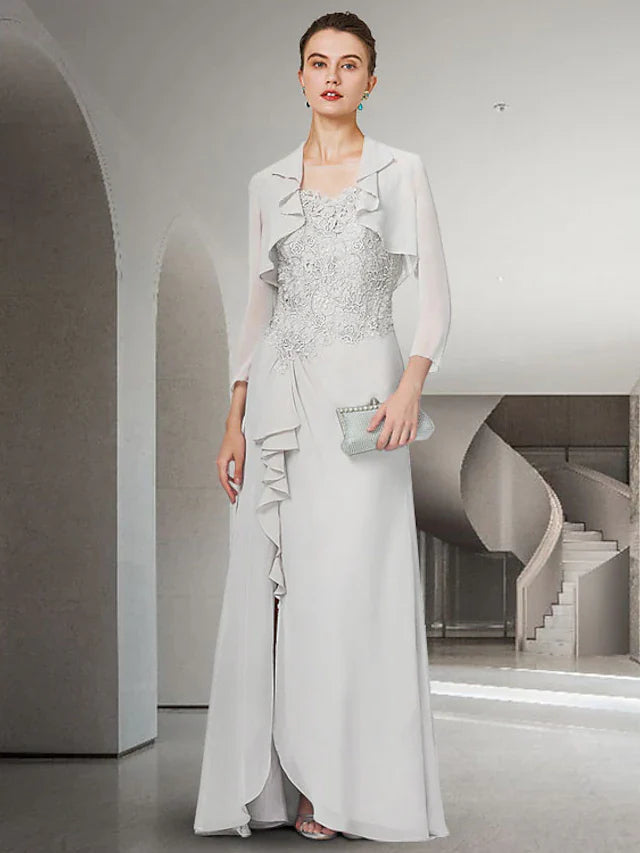 Wholesale Two Piece Sheath / Column Mother of the Bride Dress Elegant Jewel Neck Floor Length Chiffon Lace 3/4 Length Sleeve Wrap Included with Ruffles Appliques