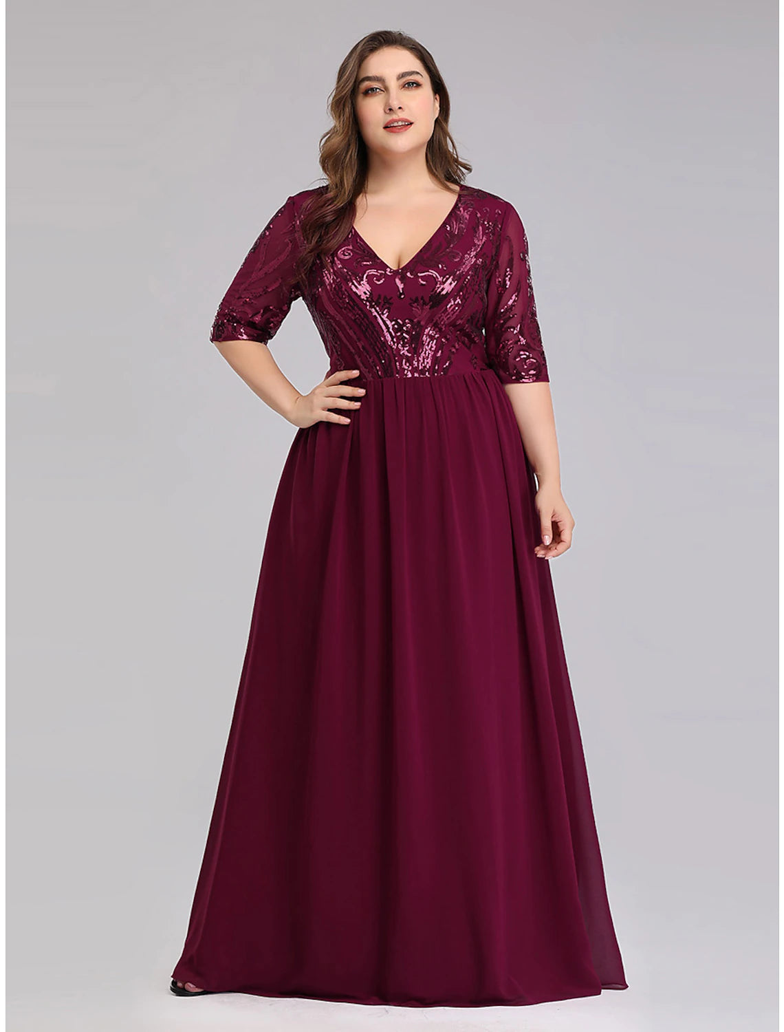 Wholesale  A-Line Prom Dresses Plus Size Dress Wedding Guest Prom Floor Length Half Sleeve Plunging Neck Chiffon with