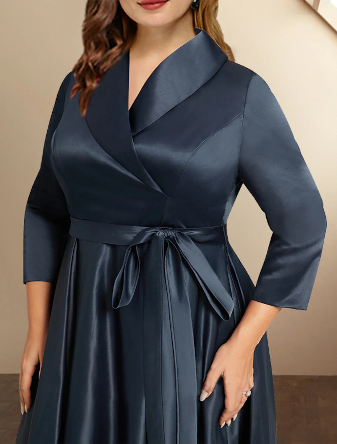 Wholesale A-Line Mother of the Bride Dresses Plus Size Hide Belly Curve High Low Dress Formal Asymmetrical 3/4 Length Sleeve Shirt Collar Satin with Bow(s) Pleats
