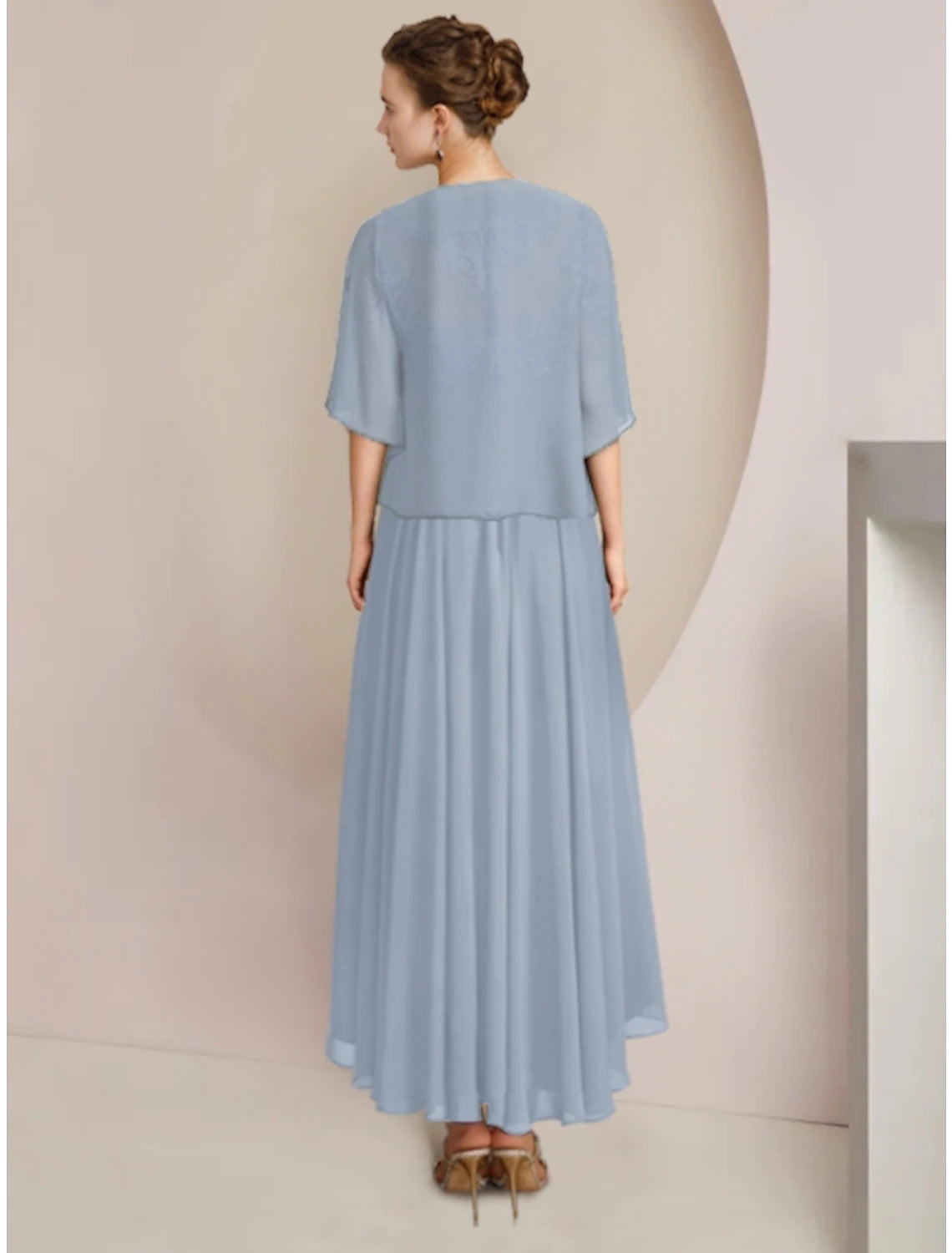 Wholesale  Sheath / Column Mother of the Bride Dress Wedding Guest Vintage Elegant V Neck Asymmetrical Ankle Length Chiffon Lace Half Sleeve with Pleats Solid