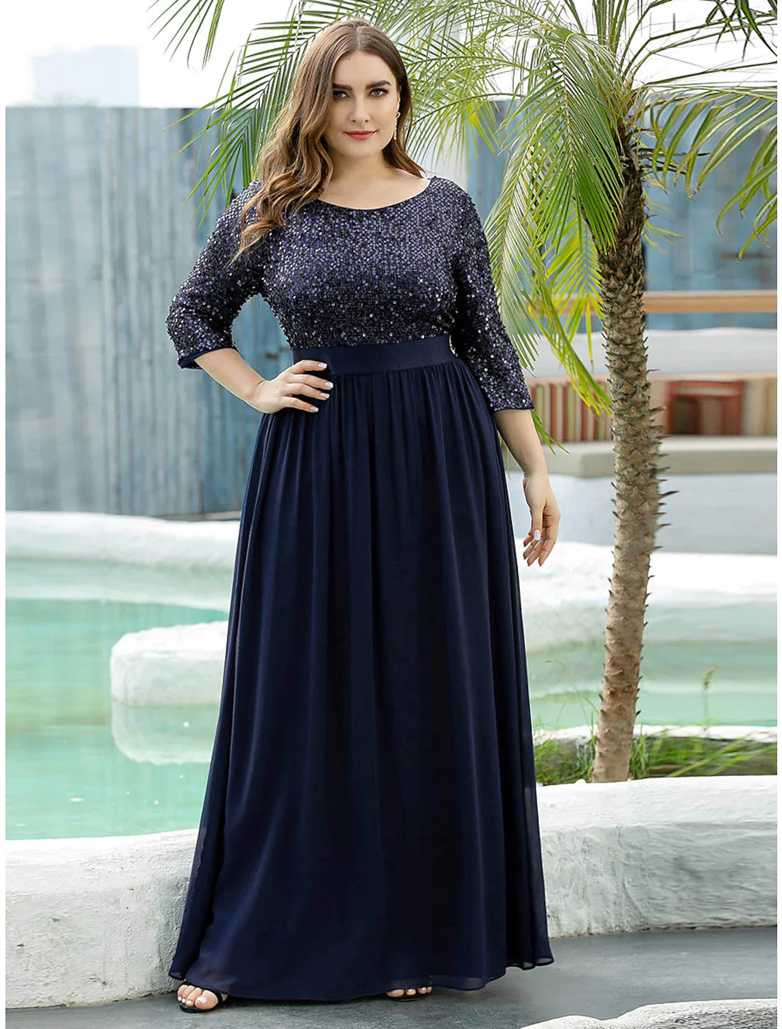 Wholesale A-Line Mother of the Bride Dress Wedding Guest Plus Size Elegant Jewel Neck Floor Length Tulle Sequined 3/4 Length Sleeve with Sequin Fall