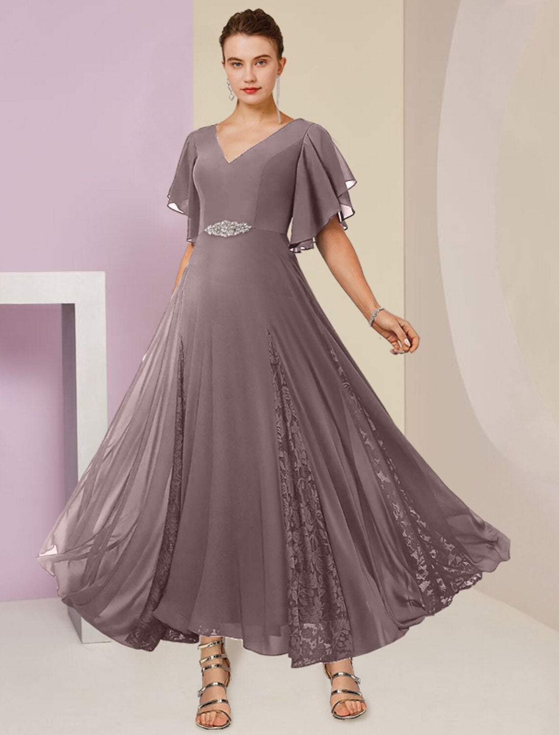 Wholesale  A-Line Mother of the Bride Dress Formal Wedding Guest Elegant V Neck Ankle Length Chiffon Lace Short Sleeve with Pleats Crystal Brooch