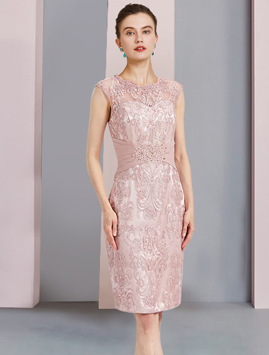 Wholesale  Two Piece Sheath / Column Mother of the Bride Dress Formal Wedding Guest Elegant Scoop Neck Knee Length Chiffon Lace Sleeveless Jacket Dresses with Beading Appliques